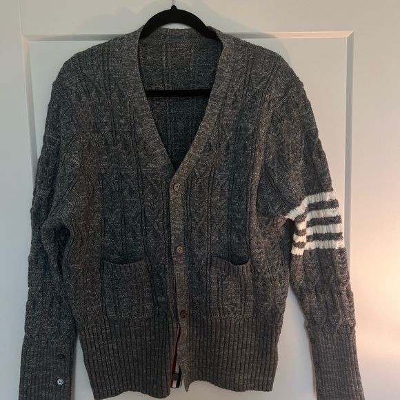 THOM BROWNE Gray 4-Bar Aran Cardigan - Picture 13 of 14
